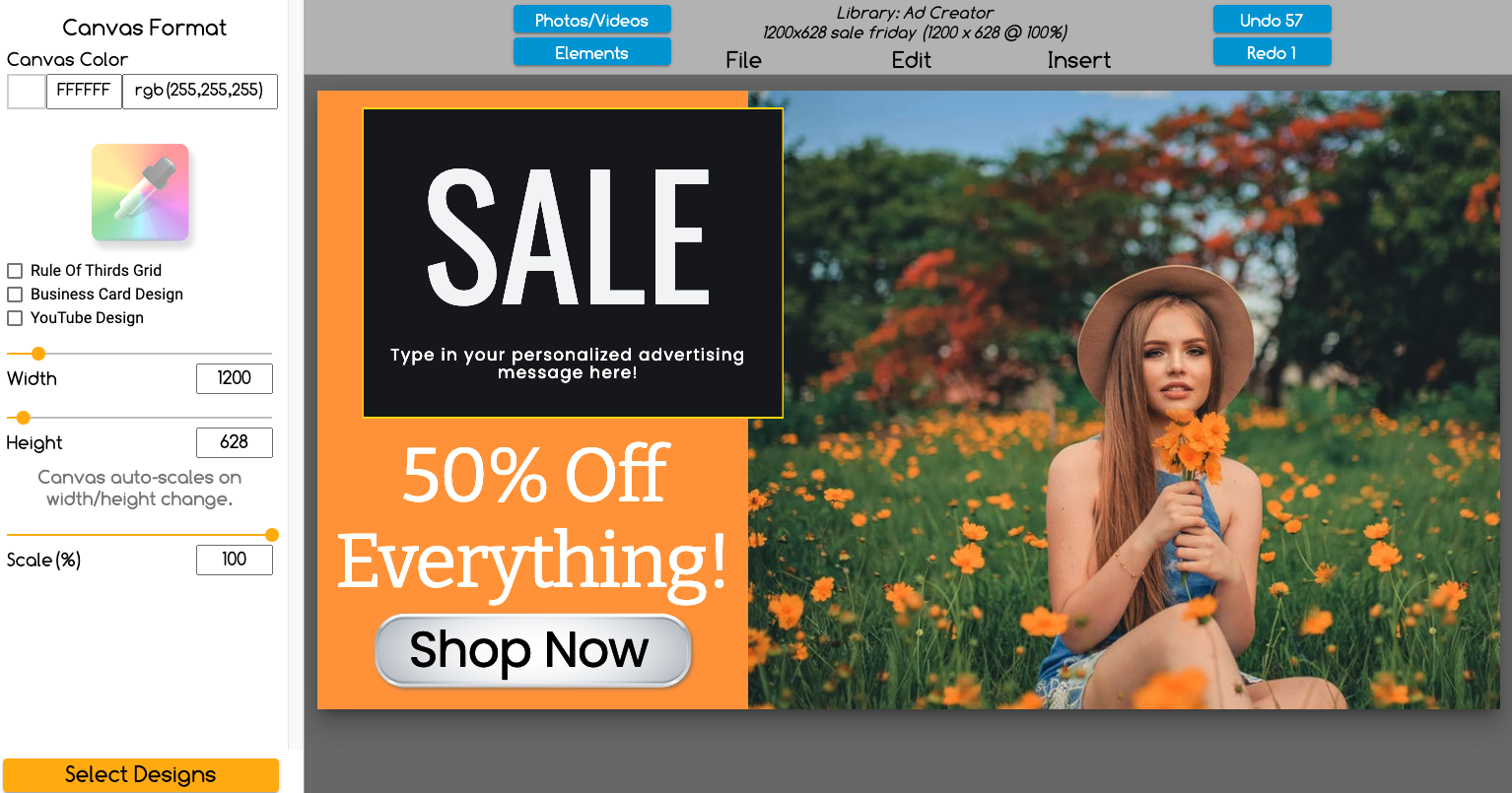 Ad design with woman sitting in field of orange flowers.