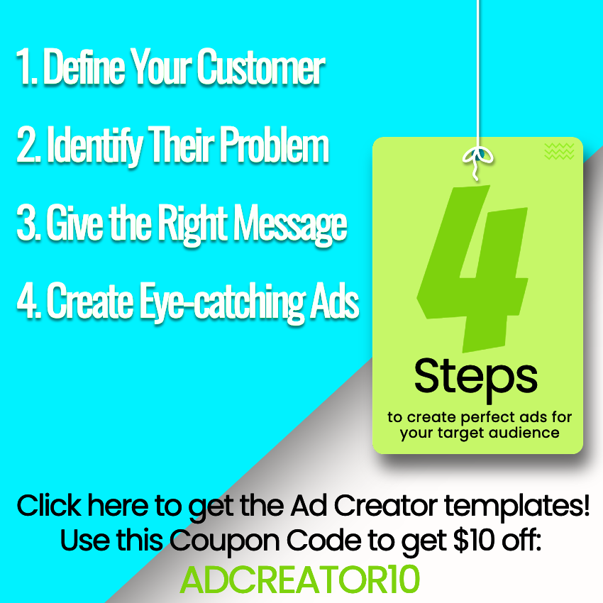 Blue and green graphic showing discount code ADCREATOR10