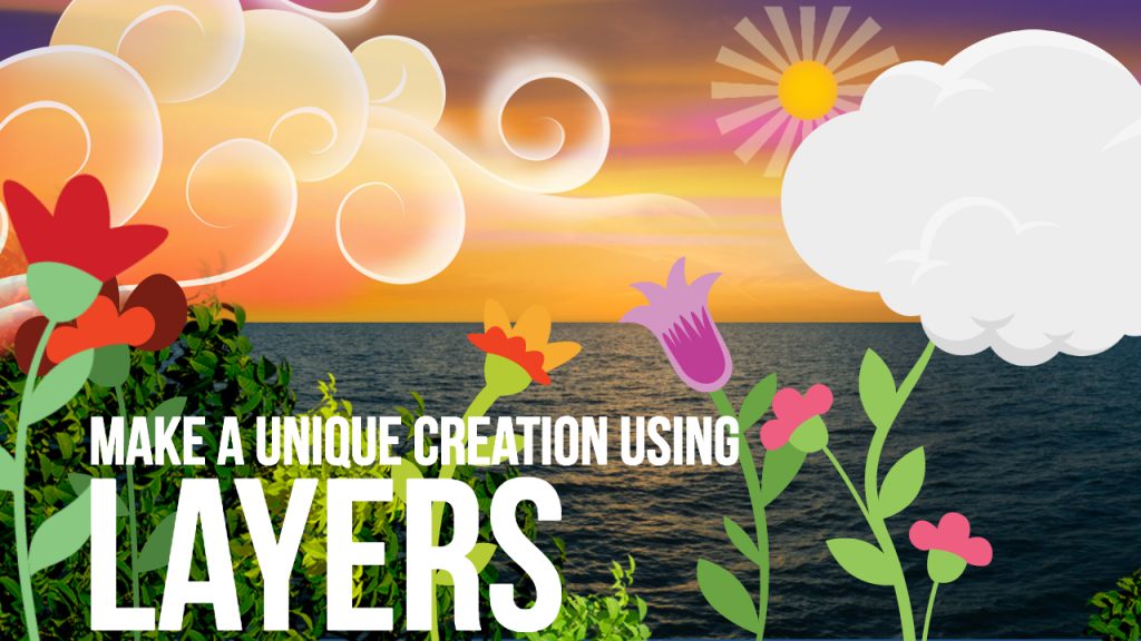 Layered flower and cloud graphics with an ocean photo in the background