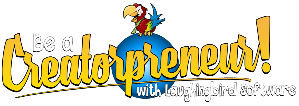 Laughingbird Software's Be a Creatorpreneur logo with the colorful parrot sitting on a blue ball