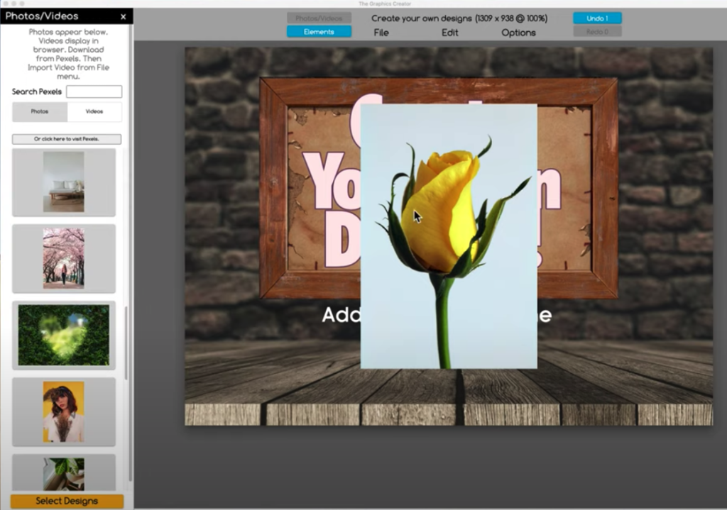 Graphics Creator canvas: Adding a yellow rose to the image