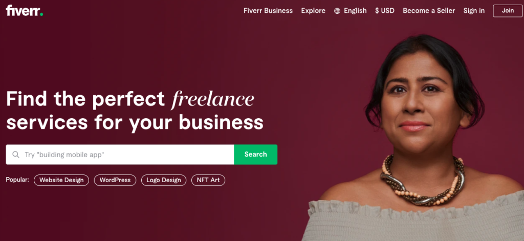 Search box to find a designer and a woman who might've used Fiverr services