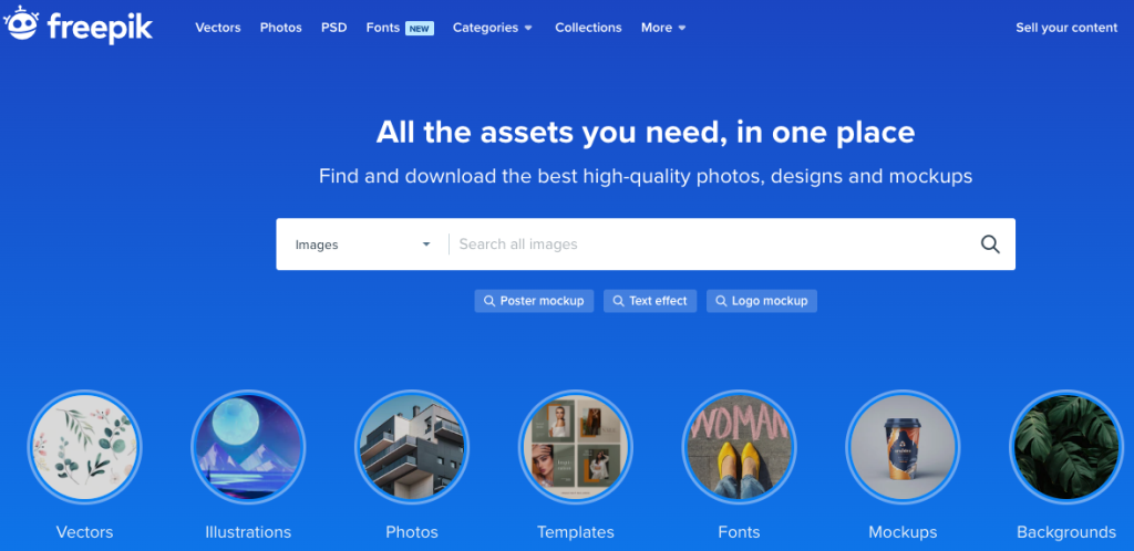 Freepik showing the types of images they offer