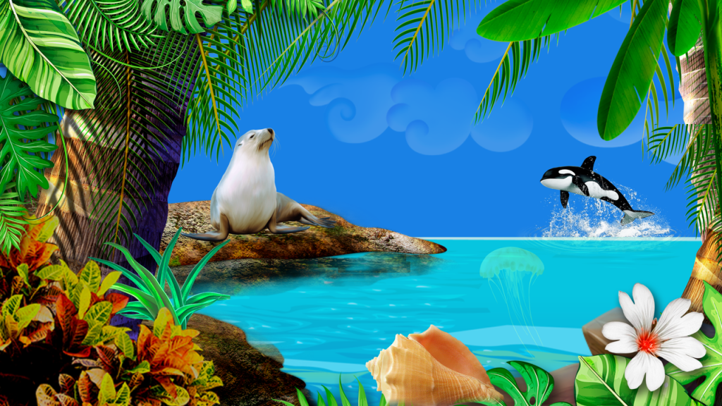 ovean scene with multiple animal and plant layered PNG graphics