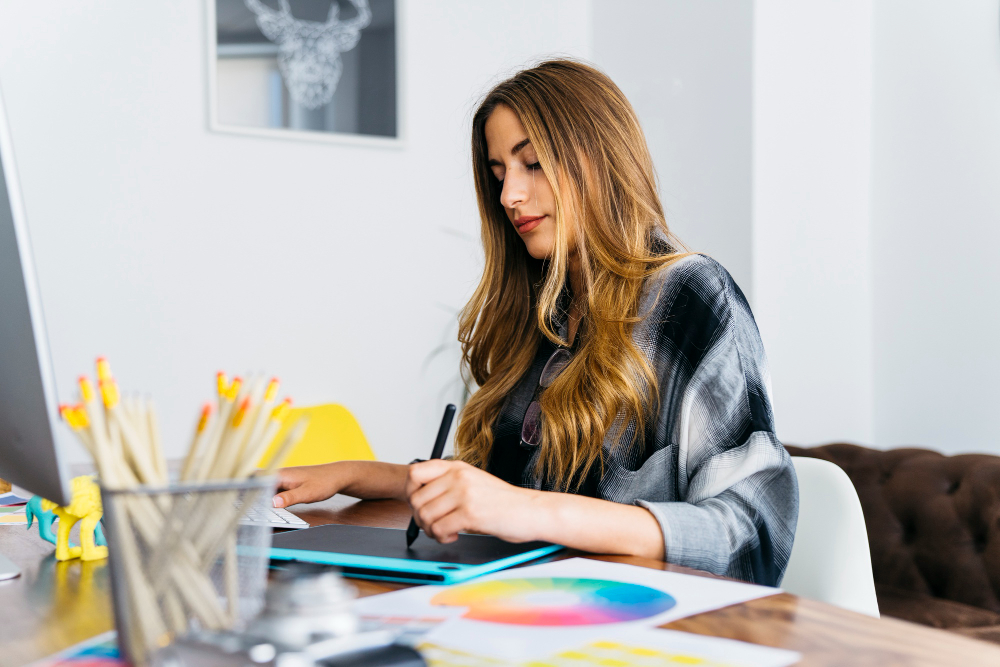 female graphic designer drawing