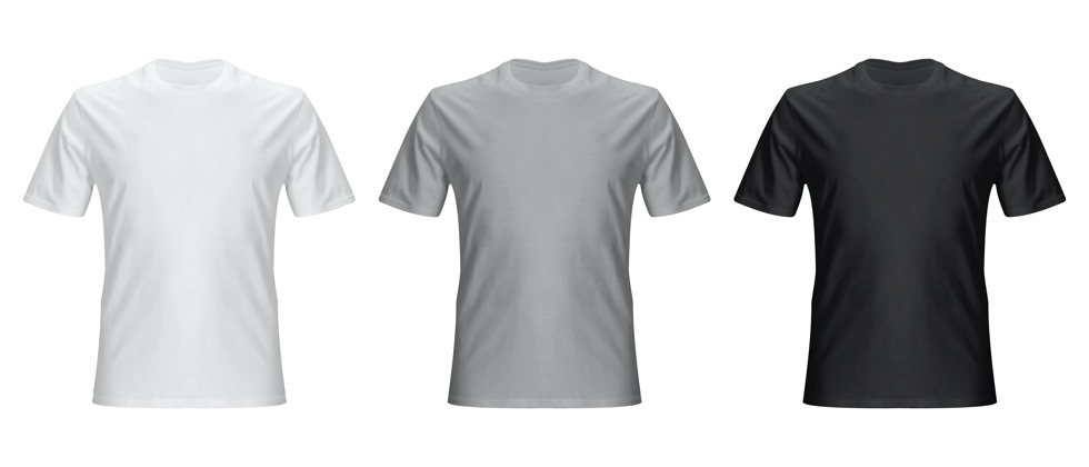 Set realistic white, gray, black t-shirt base cloth isolated on clean background.