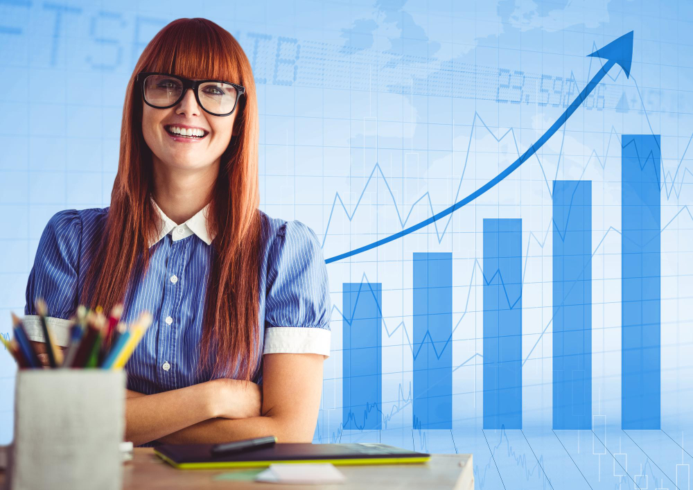 woman with increasing line chart behind her